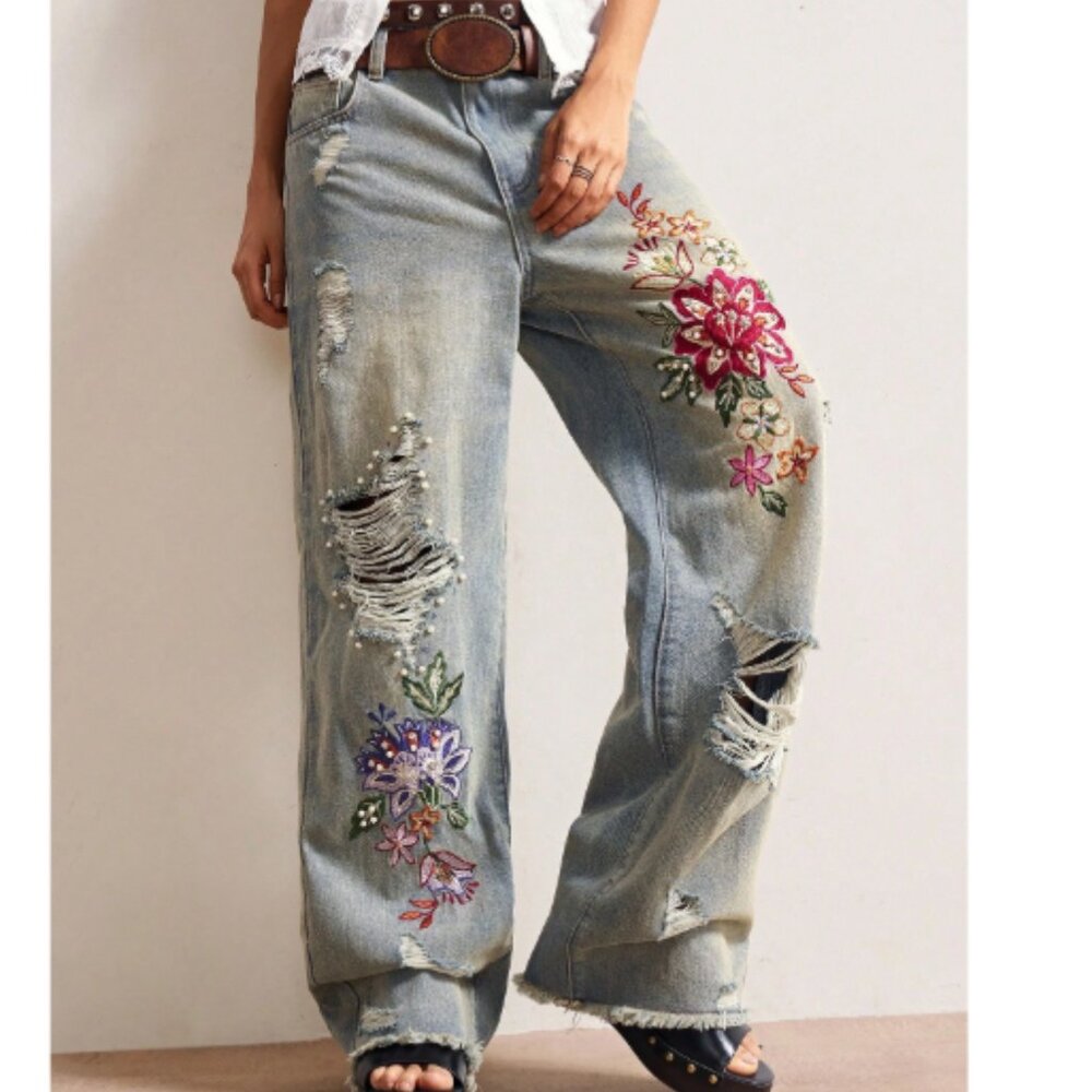 Embroidered Wide Leg Distressed Jeans - Light Blue with Floral Accents